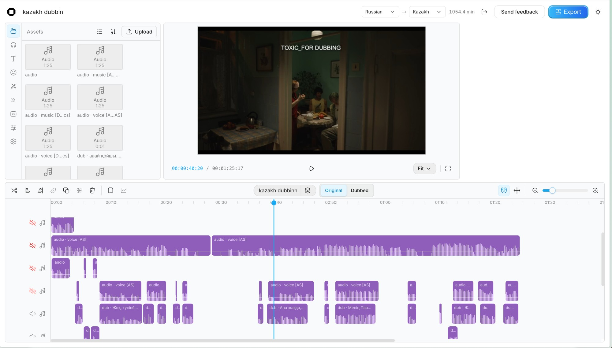 AinaVox editor — timeline with voice and music tracks, per-line dub clips, model picker per scene